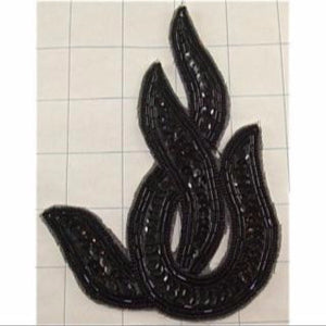 Designer Motif Black Leaf Sequin and Beads Applique 6" x 4"