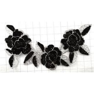 Flower Neck Line with Black and Silver Sequins and Beads 12" x 6"