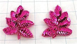 Leaf Pair with Fuchsia Sequins and Beads 2" x 1.5"