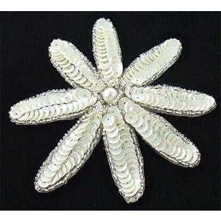 Flower with White Sequins and Silver Beads with Pearl 4" x 4"