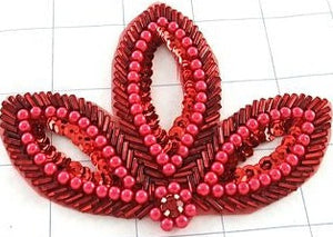 Leaf with Red Sequins and Beads with Rhinestone 4.5" x 3"