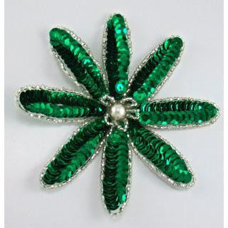 Flower with Green Sequins and Silver Beaded Trim with Pearl Center Two Styles 4" x 4"