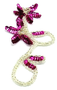 Flower Single with Fuchsia Sequins and Silver Beads Rhinestones 5.5" x 2.5"