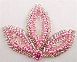 Leaf with Pink Sequins and Beads with Rhinestone 4.5" x 3"