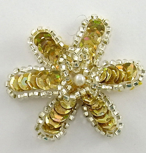 Flower with Gold Sequins Silver Beads and Pearl 2"