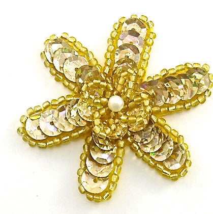 Flower with Lazer Gold Sequins, Gold Beads and a Pearl Center 2"
