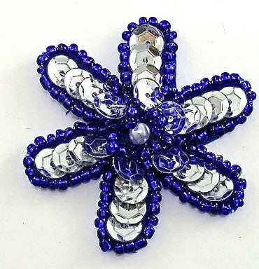 Flower with Silver Sequins and Royal Blue Beads and Pearl 2"