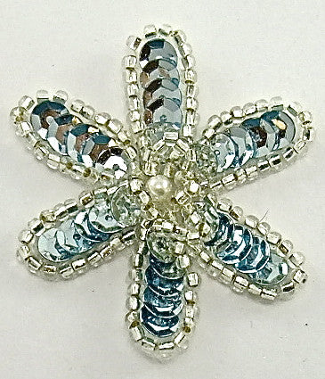 Flower with Ice Blue Sequins and Silver Beads and Pearl 2"