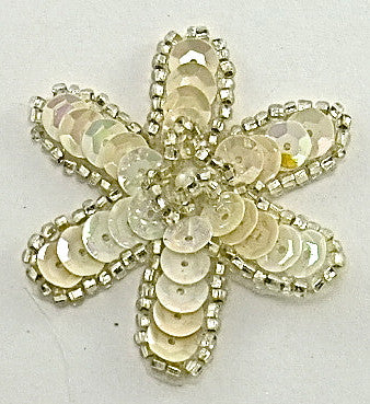 Flower with China White Sequins Silver Beads and Pearl 2"