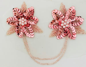 Epaulet Pink Sequin and Beaded with two strand beads 2.5"