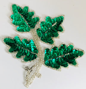 Leaf with Green Sequins/Silver Beads 5" x 4"