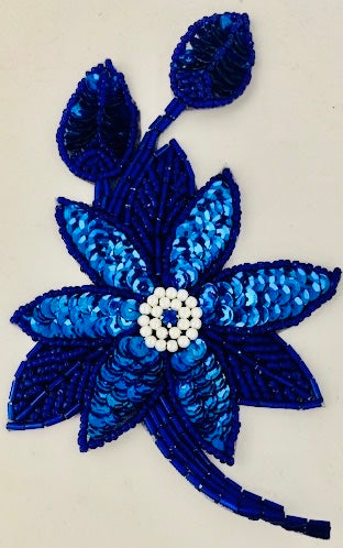 Flower with Royal Blue Sequins and Blue and White Beads 6"
