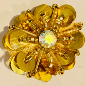 Flower with AB Rhinestone Gold Sequins and Beads 1.5" x 1.5"