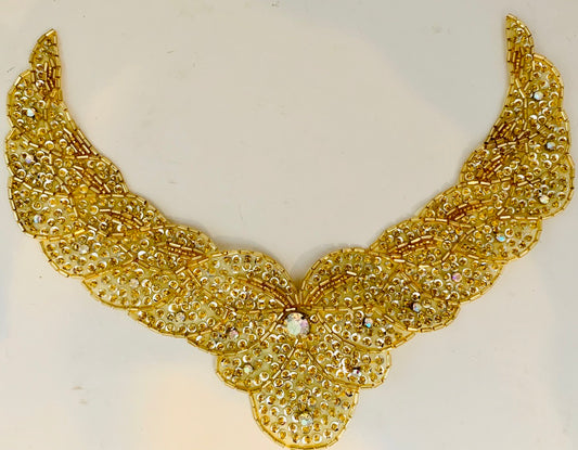 Designer Motif Neckline Gold Beaded with 16 small and 1 Large AB Rhinestones 10" X 7.5"