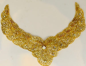 Designer Motif Neckline Gold Beaded with 16 small and 1 Large AB Rhinestones 10" X 7.5"