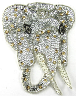 Elephant with Silver, White and Gold Sequins and Silver, Black and Gold Beads 6.25" x 5"