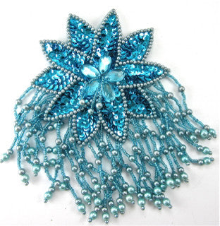 Epaulet Flower with Turquoise Sequins and Beads and Gem Stones 6" x 4"