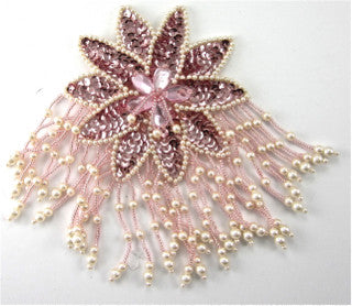 Epaulet Flower with Pink Beads Sequins and Gem Stones 6" x 4"