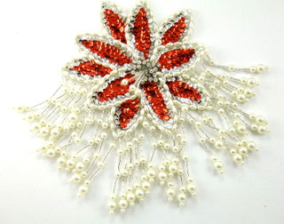 Epaulet with Red and Silver Sequins and Silver and Pearl Beads with Rhinestones in the Center 8" x 5.5"