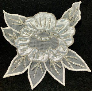 Flower Embroidered White with Silver Beads 5.6" x 6.5"