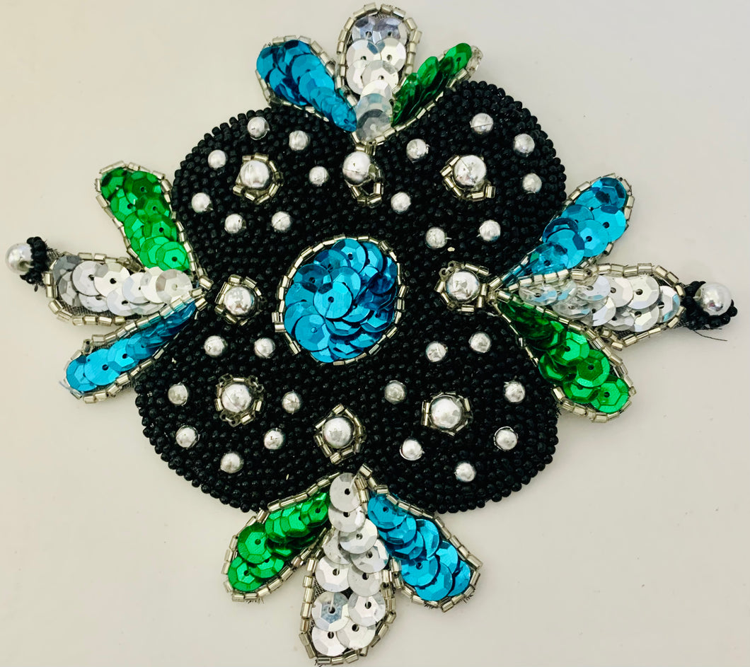 Designer Motif with Turquoise Green Sequins and Black and Gold Beads 4