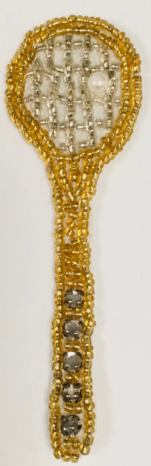Beaded Tennis Racket Appliqué with Gold and Silver Beads with Rhinestones on Handle and a Pearl Tennis Ball 4" x 1.25"
