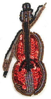 Fiddle, Violin and Bow with Red Sequins and Bronze Beads 4.5