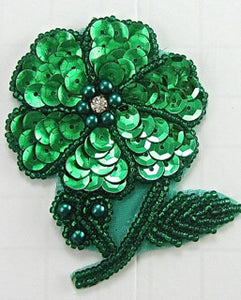 Flower Green Sequins and Beads and Rhinestone 3" x 2"