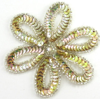 Flower Appliqué Light Yellow Gold Sequins Silver Beads Rhinestone 4" x 3.5"