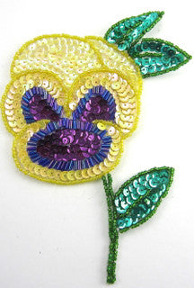 Pansy Flower with Yellow, Green and Purple Sequins - Green, Yellow and Blue Beads 6" x 4"