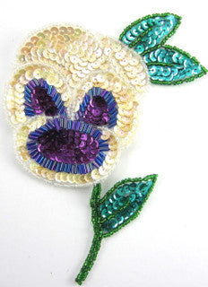 Flower Pansie with Cream Purple Green Sequins 6" x 4"