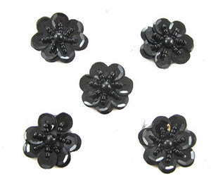 Flower Set of 5 Black Sequins and Beads 1"
