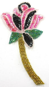 Flower with Fuchsia Black Green Gold Sequins and Beads 6" x 3.5"