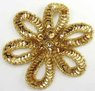 Flower Appliqué with Gold Sequins and Beads and Rhinestone 4" x 3.5"