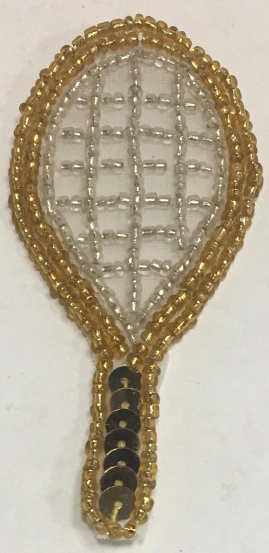 Tennis Racket Gold Beads and Sequins w/ White Webbing 3.5" x 1.5"