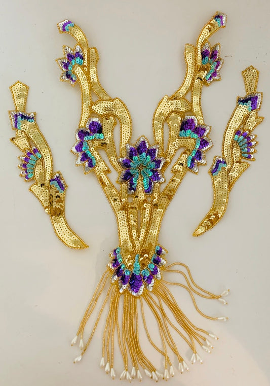 Juego de tres motivos de diseñador con combinación turquesa y púrpura sobre oro de 48,26 cm x 25,4 cm y 25,4 cm x 5,08 cm