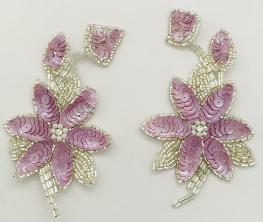 Flower Pairs and Singles with light Lavendar Sequins and Silver Beads and center Rhinestones 6" x 3.5"