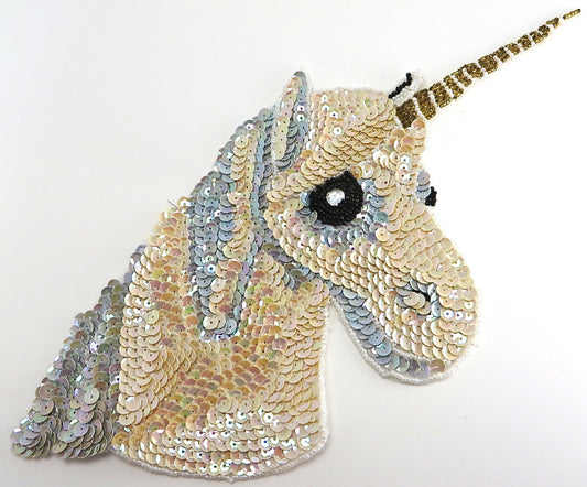 Unicorn with Beige and Blue Sequins and Rhinestone Eye 8.5" x 9.5"