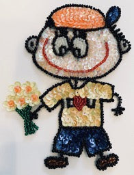 Cartoon Boy with Handful of Flowers 5.5" x 3.5"