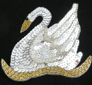 Swan Silver and Gold Sequins and Beads 4.5" x 5"