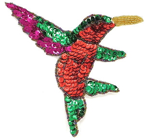 Hummingbird with Red Green Fuchsia Sequins and Beads 7" x 6.5"