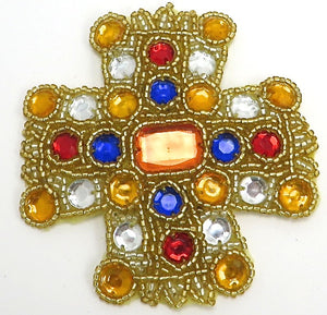 Cross All Beaded with Multi-Colored Stones 3.5" x 3.5"