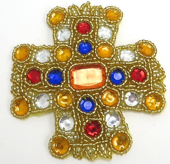 Cross All Beaded with Multi-Colored Stones 3.5