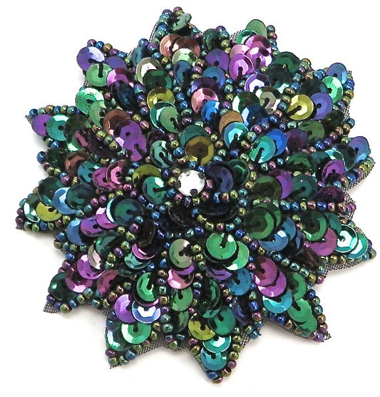 Flower with Moonlite Sequins and Beads with a Rhinestone Center 3" x 3"