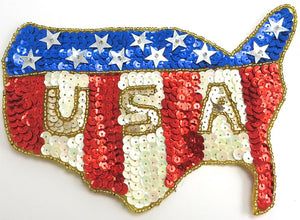 Flag Map with Stars USA Red White Blue Sequins and Beads 5" X 7"