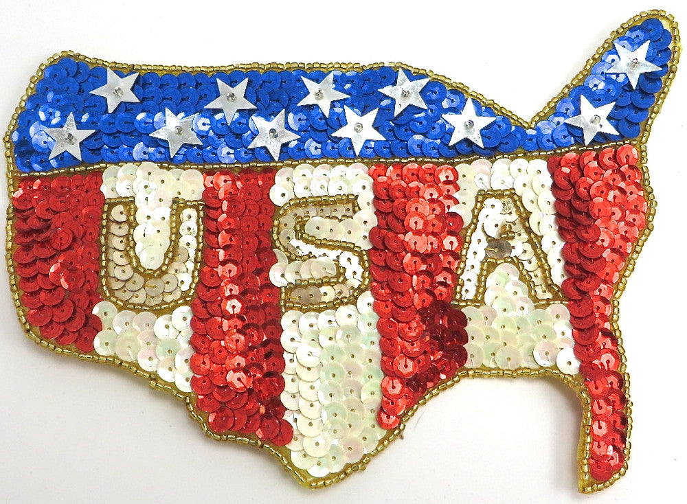 Flag Map with Stars USA Red White Blue Sequins and Beads 5