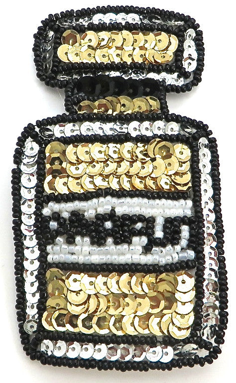 Parfum (perfume) Bottle with Gold and Silver Sequins -  Black and White Beads 4" X 2.25"