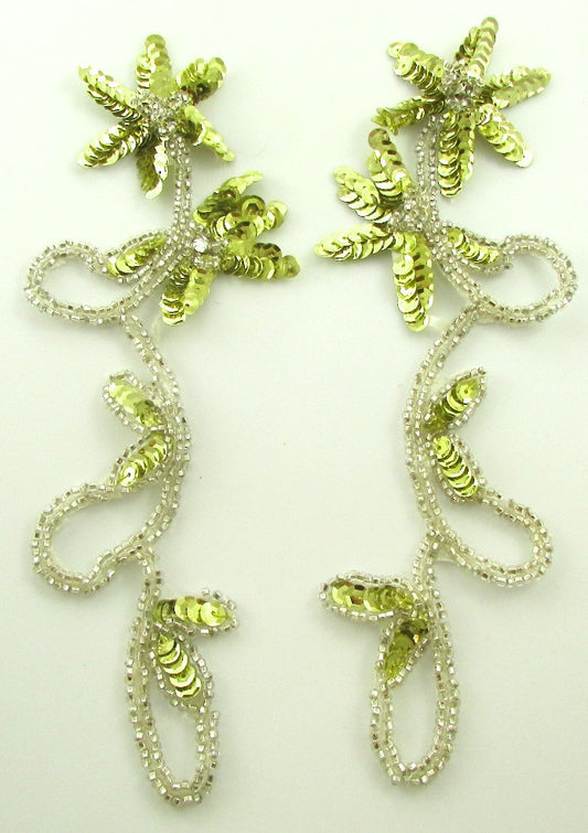 Flower Pair with Light Yellowish Green Sequins, Silver Beads and Rhinestones 8" x 3.5"
