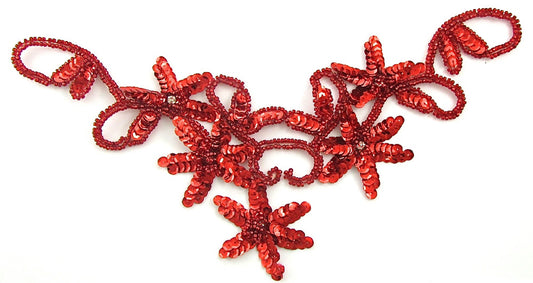 Flower Neck Line with Flourescent Pink Sequins Silver Beads and Rhinestones 5.5" x 10"