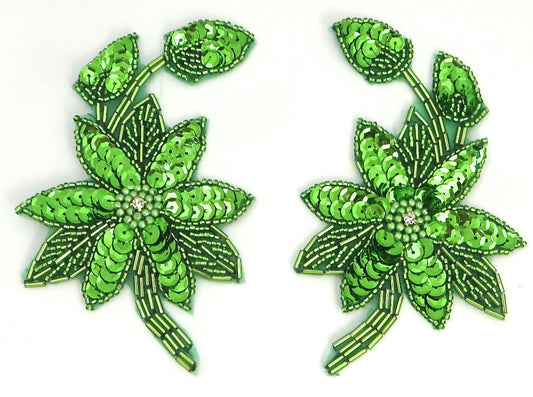 Flower Pair with Lime Green Sequins and Beads and Center Rhinestone 5" x 3"